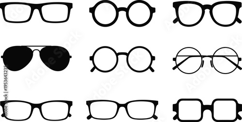 Black and white vector illustration of nine eyeglass frame silhouettes including rectangular, round, aviator, and square styles arranged in grid for fashion, optical, and eyewear design themes