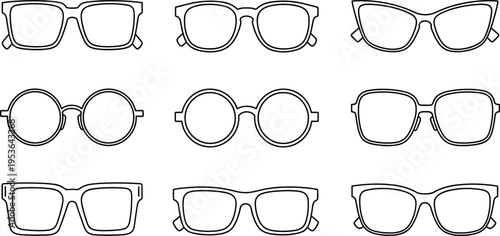 Black and white vector illustration showing nine eyeglass frame designs including rectangular, round, square, and cat‑eye styles arranged in grid for fashion and optical themes