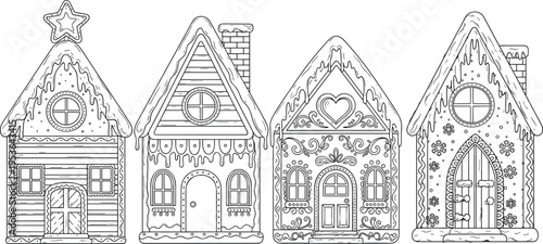 Black and white vector illustration of four decorative gingerbread houses with icing details, festive holiday architecture, candy designs, and Christmas celebration elements for seasonal artwork
