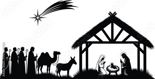 Black and white vector illustration of nativity scene with stable, Mary, Joseph, baby Jesus in manger, shepherds, wise men, animals, and shining star for Christmas artwork
