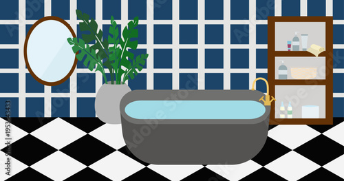 Bathroom with a large flower in a pot and a stone bathtub