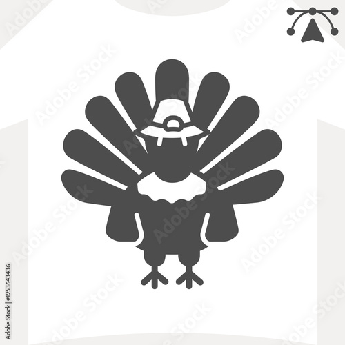 Turkey with spread tail and farmer hat solid icon, thanksgiving day concept. Vector graphics. Turkey bird sign and editable stroke, glyph style icon for mobile or web design.