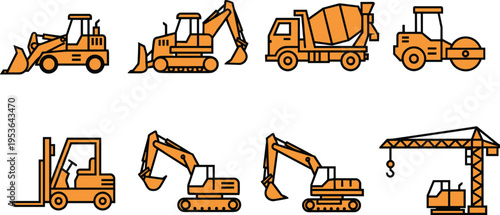 Heavy Construction Machinery Vector Set Featuring Excavator Bulldozer Concrete Mixer Crane Forklift And Road Roller Illustration For Industry Projects.
