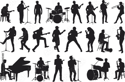Large collection of black silhouettes featuring musicians playing guitar, drums, piano, saxophone, and singing isolated on a clean white background