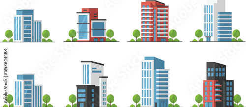 Modern commercial office buildings and residential apartment blocks set featuring contemporary architecture with glass facades and urban landscaping vector illustration.