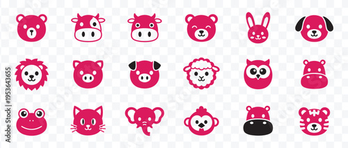 Cute Cartoon Animal Faces Vector Set. Adorable Pink Icons for Kids, Baby and Avatars. Farm, Wild and Pet Animals Collection