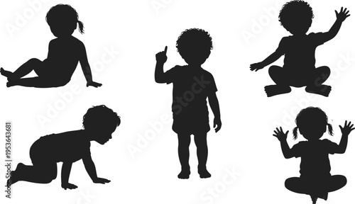 Black silhouettes of diverse toddlers and young children sitting, crawling, and playing isolated on a white background for early childhood education. (21 words)