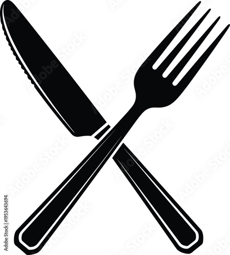 Black and white vector illustration of crossed fork and knife silhouette symbol representing food, dining, restaurant service, cooking, meal time, and culinary design concept