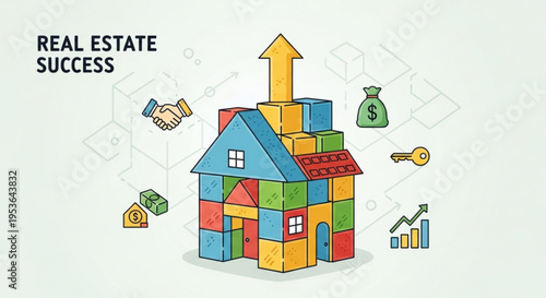 Colorful house made of blocks with upward arrow symbolizing real estate success and growth with money and key