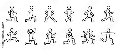 Simple line art icons illustrating various leg exercises and movements, depicted in a clean, minimalist graphic style with dynamic poses
