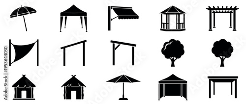 Collection of black silhouette outdoor structures and elements, including umbrellas, tents, gazebos, pergolas, and trees, presented as a flat icon set