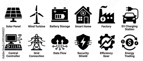 Twelve black and white smart energy technology icons are neatly arranged in a grid, depicting concepts like renewable power, efficiency, and digital control in a modern, flat vector style