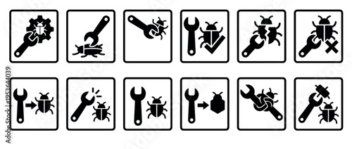 Twelve black and white bug fixing icons illustrating software development, maintenance, and problem-solving concepts in a clean, graphic, and informative style