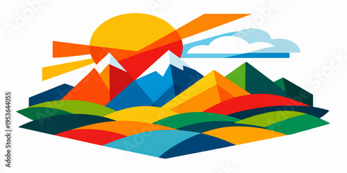 Vector illustration of a cartoon airplane flying over a scenic landscape with mountains clouds sea and a small house in the distance