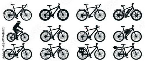 Collection of twelve distinct black bicycle silhouettes, featuring various bike types, accessories, and a cyclist, rendered in a clean, graphic illustration style