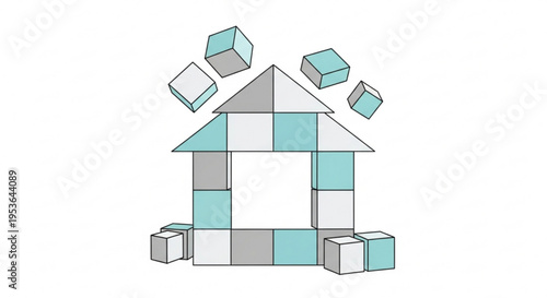 Colorful block house structure with floating cubes on white background symbolizing construction and creativity in architecture and design