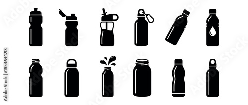 Various black silhouette icons of different bottles, showcasing a diverse collection of sports, water, and reusable container designs in a graphic style