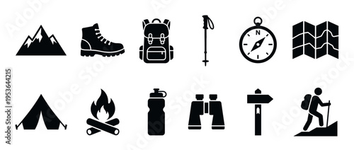 Collection of black silhouette hiking and camping icons, depicting essential outdoor adventure gear and activities in a clean, graphic style