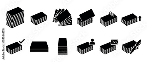 Multiple black isometric icons of stacked cards and documents, some featuring symbols like a paperclip, arrow, checkmark, person, envelope, and pen, in a minimalist graphic style