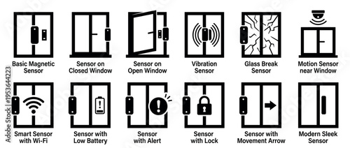 Twelve black and white graphic icons illustrating various window and door security sensors, depicted with minimalist design and clear visual representations of different functionalities