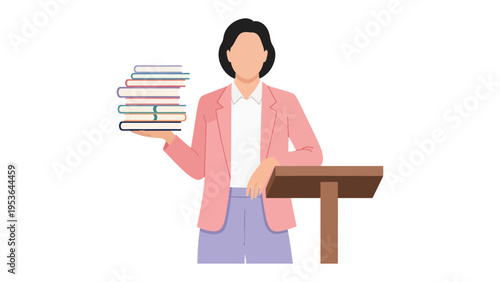 Educator and Literary Scholar: An educator, arm laden with stacked books, stands poised at a podium. The scene symbolizes knowledge, expertise, and scholarly pursuit.