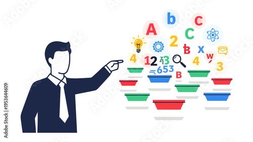 Idea Manifest: An illustrated conceptual scene where an individual points toward a cluster of floating symbols, numbers, and letters, signifying the birth of innovation. 