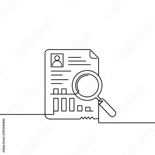 Continuous line drawing of a resume being analyzed with a magnifying glass.