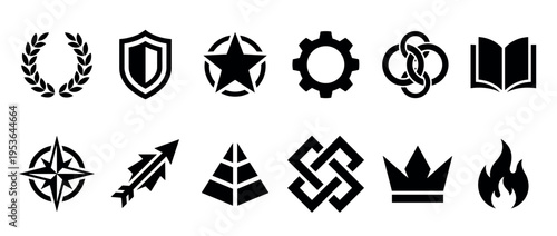 Twelve distinct black graphic vector icons showcasing a diverse collection of minimalist symbols representing achievement, protection, industry, knowledge, and power in a clean, modern style