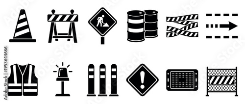 Various black silhouette construction and road safety icons, including cones, barriers, warning signs, and safety equipment, presented in a clean graphic style