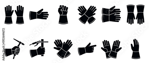 Black silhouette icons of welding gloves and hands in various poses, some holding welding torches, presented in a flat graphic style