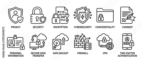 Twelve black line art icons illustrating various digital security, data privacy, and cybersecurity concepts with clear, modern outlines