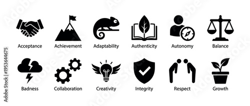 Collection of black vector icons representing various business and personal values, each with its descriptive word below, presented in a minimalist graphic style