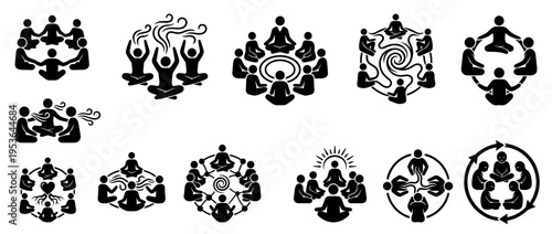 Black stick figure icons illustrate groups of people seated in various communal arrangements, symbolizing connection, meditation, and teamwork in a flat, graphic style