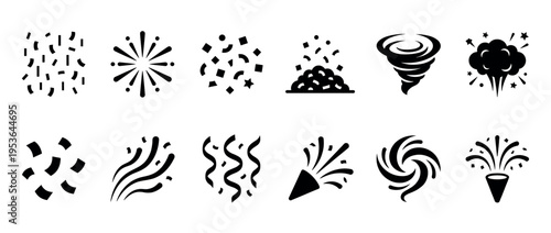 Black silhouette celebration and explosion icons featuring various confetti shapes, firework bursts, party poppers, and energetic swirls in a graphic vector style