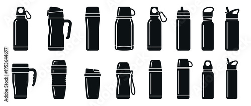 Various black silhouette reusable bottles and thermoses are depicted as a collection of flat graphic icons in a clean, minimalist style