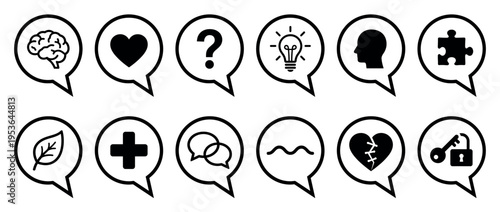 Twelve black and white graphic speech bubble icons representing various conceptual ideas, human emotions, and thought processes in a clean, minimalist vector style