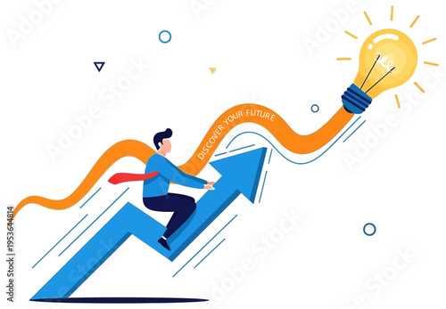 Businessman riding upward trend with innovative idea