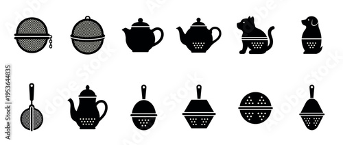 Collection of diverse black tea infuser and strainer icons, featuring various shapes like spherical, teapot, cat, and dog designs, rendered as clean, modern silhouettes