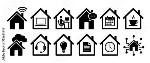 Black house icons with various symbols representing home activities, remote work, smart technology, and daily life, presented in a clean, modern, and illustrative graphic style