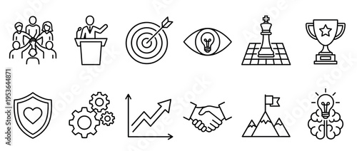Twelve diverse black outline business and success icons representing concepts like teamwork, strategy, growth, innovation, and achievement, presented in a clean, minimalist style
