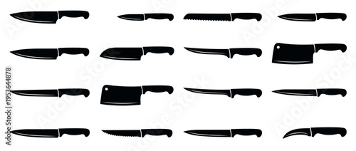 Various black kitchen knife silhouettes form a seamless pattern, showcasing different types of sharp culinary tools in a graphic, iconic style