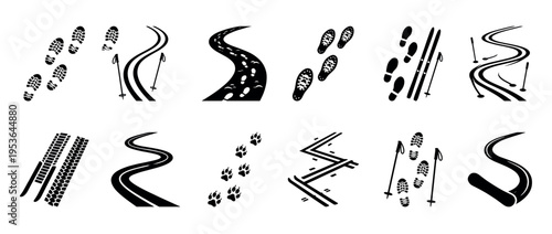 Various black silhouette tracks and trails graphic icons illustrate different types of movement and journeys in a clean, minimalist style