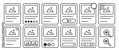 Twelve distinct outline e-commerce product card icons illustrating various user interface elements for online shopping, presented in a clean, minimalist line art style
