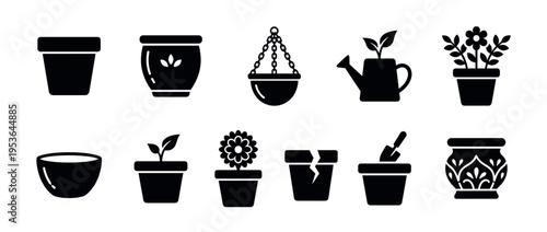 Collection of black silhouette gardening icons featuring various plant pots, a watering can, and plants, presented in a clean, illustrative style