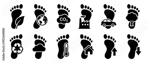 Twelve black silhouette footprint icons illustrate various environmental and ecological concepts, including carbon footprint, sustainability, and impact, presented in a clean, graphic style
