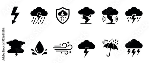 Collection of black silhouette weather and natural disaster icons, depicting various atmospheric phenomena in a clean graphic style