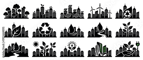Fifteen black silhouette eco-city icons illustrating sustainable urban development with elements like solar panels, wind turbines, recycling, and green buildings, presented in a clean, graphic style