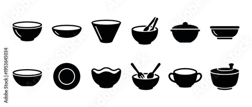Various black silhouette kitchen bowls and dishes are presented as a collection of minimalist graphic icons, showcasing different shapes and forms