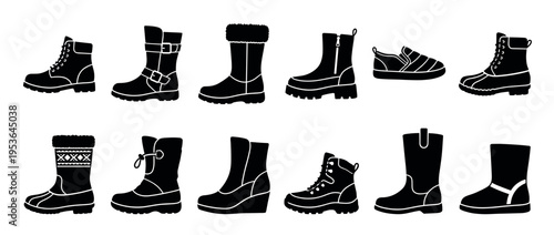 Various black silhouette footwear icons showcasing a diverse collection of boots and shoes in a graphic, illustrative style, presented with clean lines