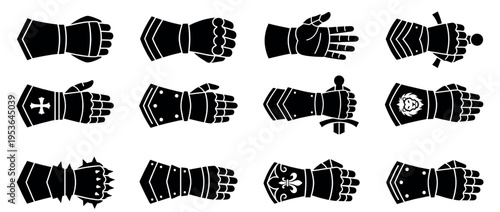Twelve black silhouette medieval gauntlets and armored hands are depicted in various poses, some holding swords or featuring decorative emblems, presented in a flat iconic style